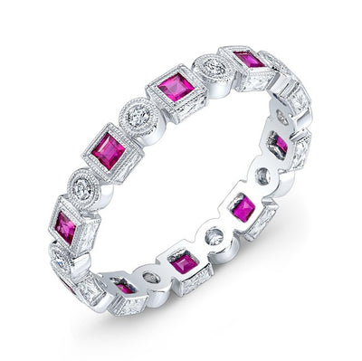 Engraved, Bezel Set Square Ruby & Diamond Ring