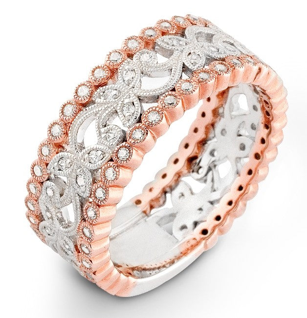 Micro Pave and Bezel Set Floral Diamond Wedding Ring, Rose and White Gold