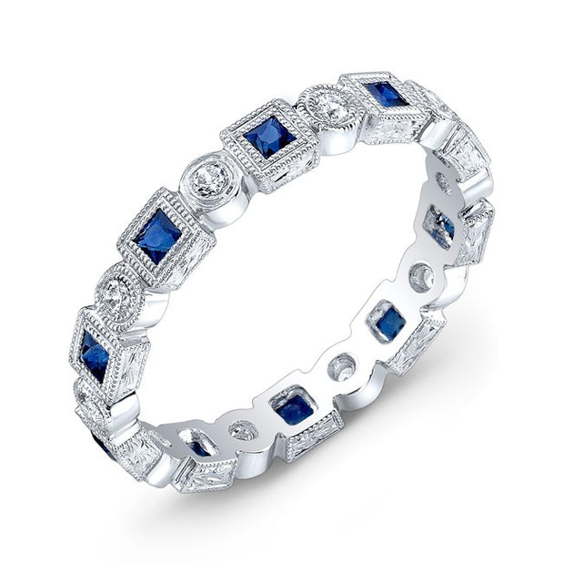 Engraved, Bezel Set Square Blue Sapphire & Diamond Ring