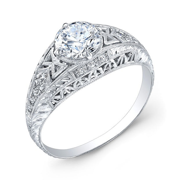 Hand Engraved ,Diamond Engagement Ring, With Pave' Set Diamonds