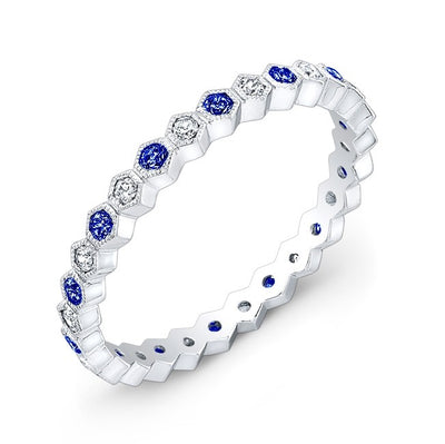 Micro Pave Set Diamond and Blue Sapphire Stackable Ring Detailed With Fine Mill Graining