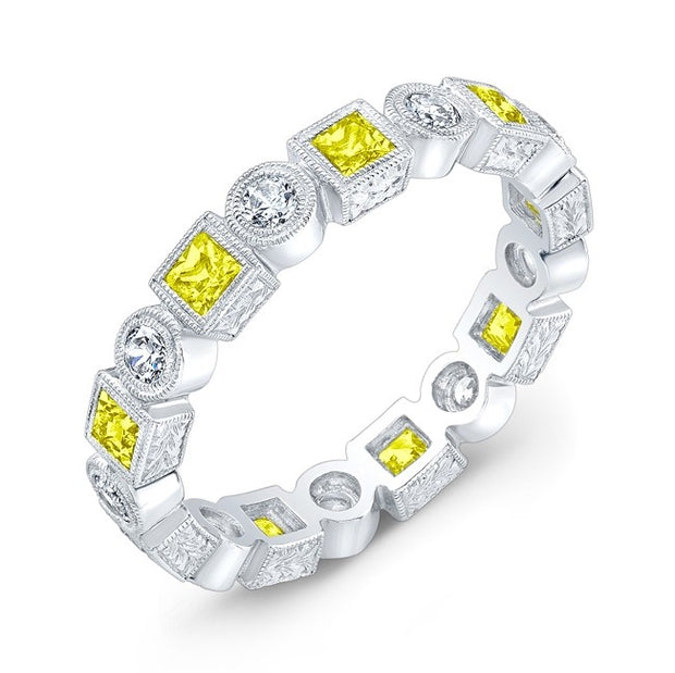 Fine Millgraining Accents Bezel Wrapped Diamonds and Yellow Sapphire ring