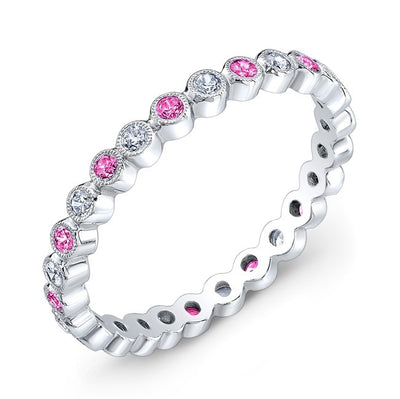 Mill Grained, Bezel Wrapped, Diamonds and Pink Sapphires Set in Gold or Platinum