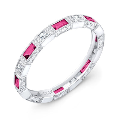 Bezel Set Baguette Pink Sapphires and Princess Cut Diamonds surrounded by mill-Graining and Hand Engraving.