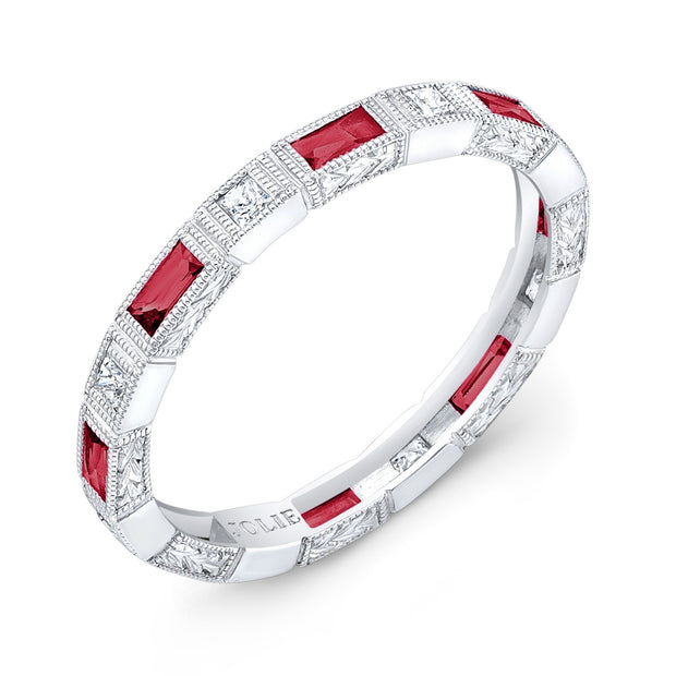 Bezel Set Baguette Rubies and Princess Cut Diamonds surrounded by mill-Graining and Hand Engraving.