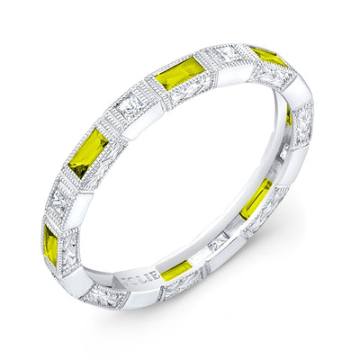 Bezel Set Baguette Yellow Sapphires and Princess Cut Diamonds surrounded by mill-Graining and Hand Engraving.