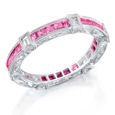 Art Nuevo: Exquisitely Hand Carved Masterpiece set with Custom Cut Princess Pink Sapphires and Baguette Cut Diamonds.