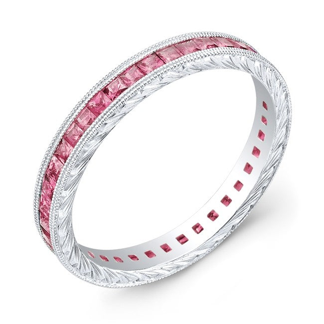 Hand Engraved Gold Ring set with Princess Cut Pink Sapphires