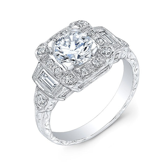 GORDON CLARK- Antique Inspired Diamond Engagement Ring with Mill Graining around the Diamonds and two round Diamonds on the sides. Two Baguette Bezel Sets on Sides.