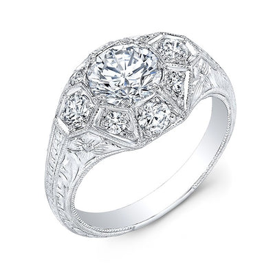 Antique Inspired Diamond Engagement Ring, Hand Engraved with Flower Pattern, Mill Graining around the Diamonds and sides.