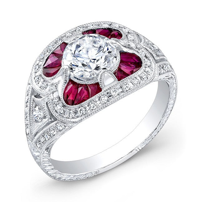 Antique Inspired Diamond & Custom Cut Ruby Engagement Ring