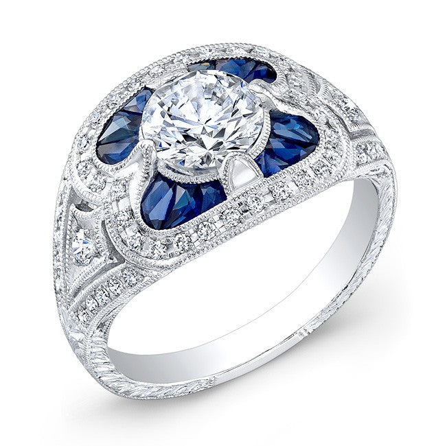 Antique Inspired Diamond & Custom Cut Blue Sapphire Engagement Ring