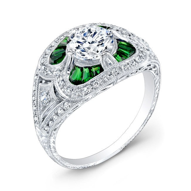 Antique Inspired Diamond & Custom Cut Tsavorite Engagement Ring