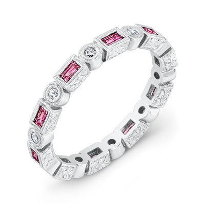 Hand Engraved Pink Sapphire and Diamond Stackable Ring Accented by Fine Mill Graining