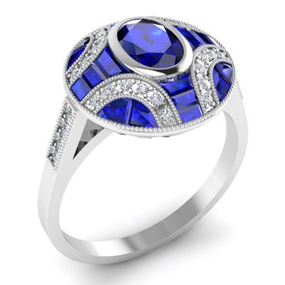 Antique Inspired Diamond & Custom Cut Blue Sapphire Ring