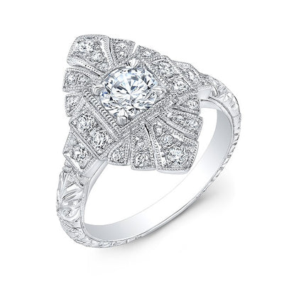 Elegant Details In This Engraved Halo, Marquee Shaped Diamond Engagement Ring,