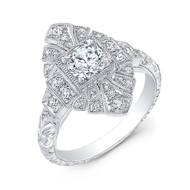 Elegant Details In This Engraved Halo, Marquee Shaped Diamond Engagement Ring,