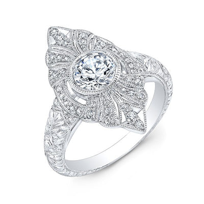 Elegant Details In This Engraved Halo, Marquee Shaped Diamond Engagement Ring with Bezeled Center Stone