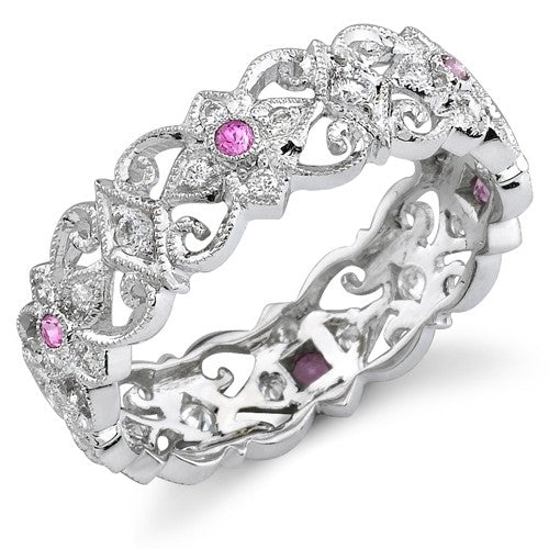 Eloquently Mill Grained Diamond and Pink Sapphire Stackable Ring