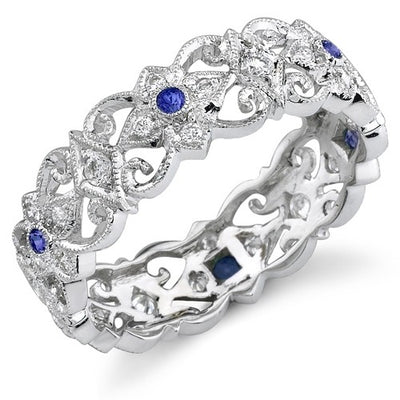 Eloquently Mill Grained Diamond and Blue Sapphire Stackable Ring