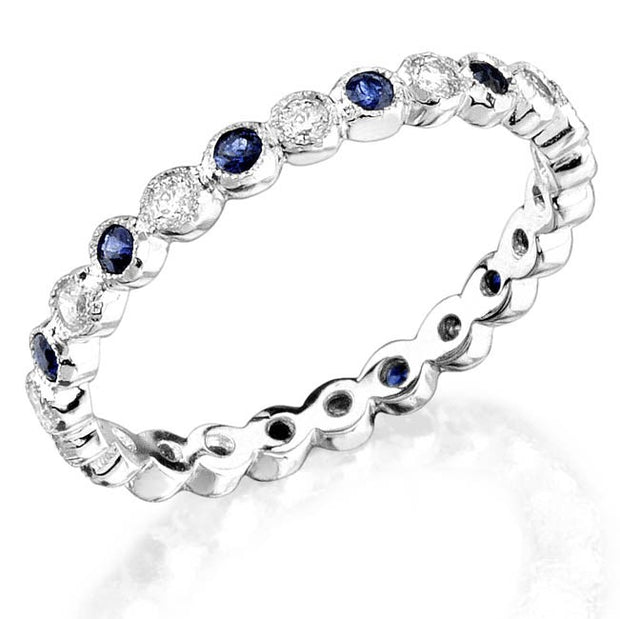 Mill Grained, Bezel Wrapped, Diamonds and Blue Sapphires Set in Gold or Platinum