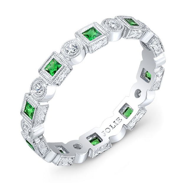 Engraved, Bezel Set Square Tsavorites & Diamond Ring