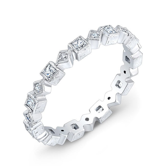 Mill-Grained, Bezel Set Princess Cut and Micro Pave' Round Brilliant Cut Diamond Stackable Ring accented by hand engraved sides