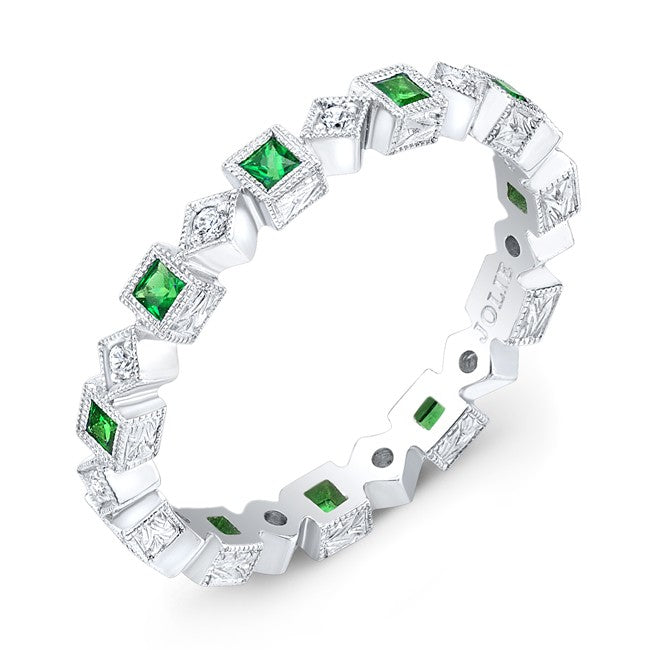 Mill-Grained, Bezel Set Princess Cut Tsavorites and Micro Pave' Round Brilliant Cut Diamonds accented by hand engraved sides
