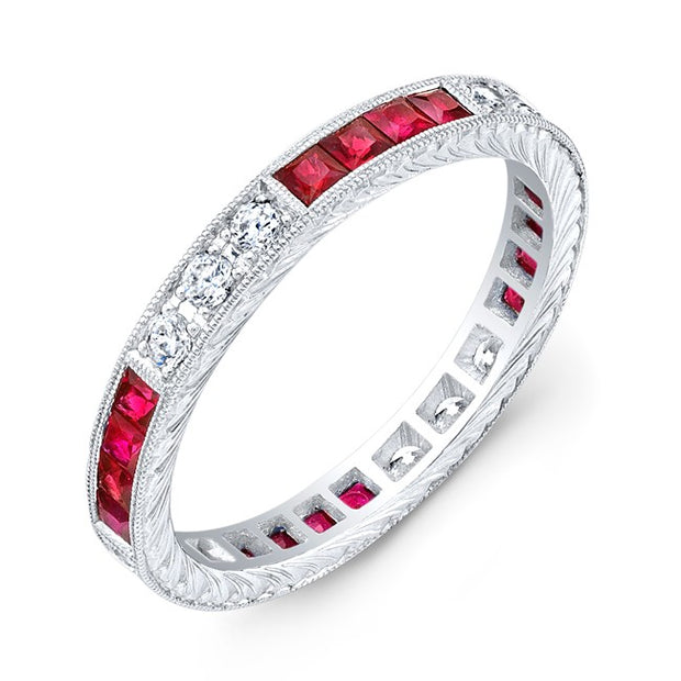 Art Nuevo: Exquisitely Hand Carved Masterpiece set with Custom Cut Princess rubies and Round Brilliant  Cut Diamonds.