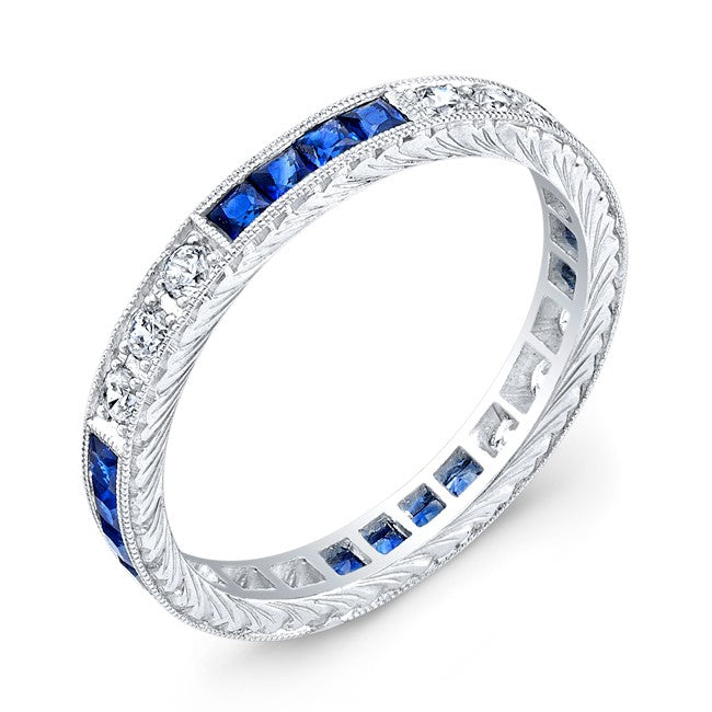 Art Nuevo: Exquisitely Hand Carved Masterpiece set with Custom Cut Blue Sapphires and Round Brilliant  Cut Diamonds.Round Brilliant Cut Diamonds.