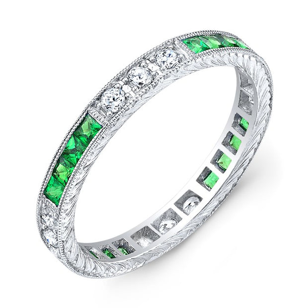 Art Nuevo: Exquisitely Hand Carved Masterpiece set with Custom Cut Tsavorite and Round Brilliant  Cut Diamonds.Round Brilliant Cut Diamonds.