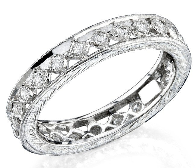 Lace Like Engraved & Mill Grained Ring With Round Brilliant Cut Diamonds