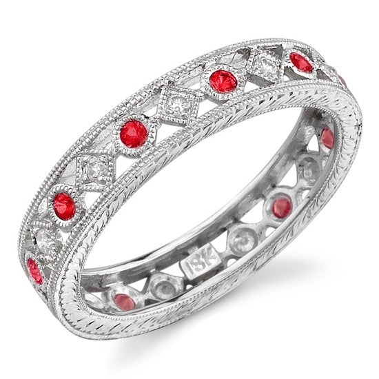 Lace Like Engraved & Mill Grained Satackable Ring With Round Brilliant Cut Diamonds and Ruby
