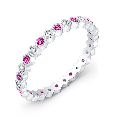 Micro Pave Set Diamond and Pink Sapphire Stackable Ring Detailed With Fine Mill Graining