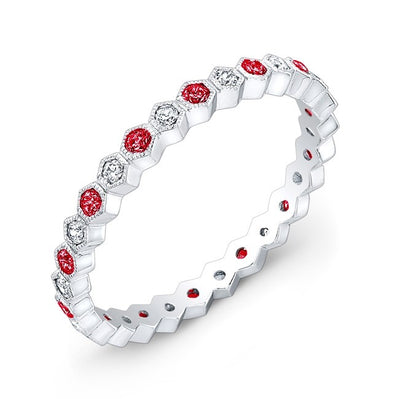 Micro Pave Set Diamond and Ruby Stackable Ring Detailed With Fine Mill Graining