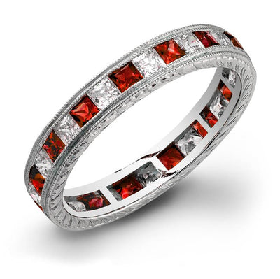 Princess Cut Rubies and Diamonds Channel Set in a Hand Engraved and Mill Grained Stackable Ring