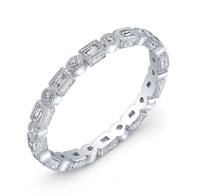 Hand Engraved Diamond Stackable Ring Accented by Fine Mill Graining