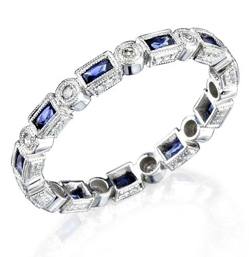 Hand Engraved Blue Sapphire and Diamond Stackable Ring Accented by Fine Mill Graining