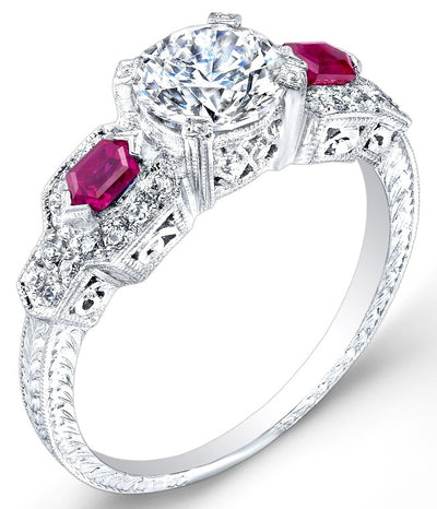 Engraved Diamond & Ruby Engagement Ring