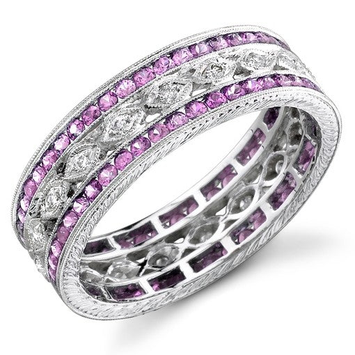 Craftsmanship Completed in this Hand Engraved and Mill grained Diamond and Pink Sapphire Ring, set with over 120 gemstones