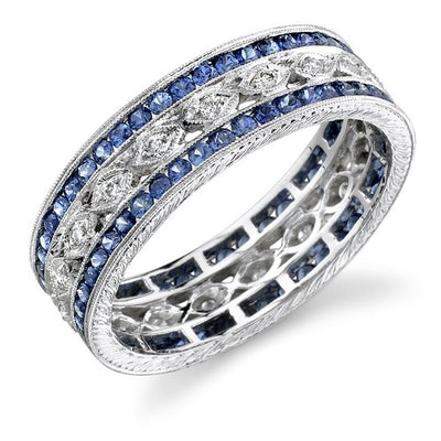 Craftsmanship Completed in this Hand Engraved and Mill grained Diamond and Blue Sapphire Ring, set with over 120 gemstones