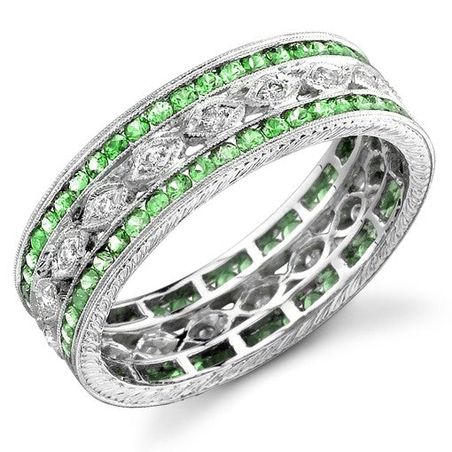 Craftsmanship Completed in this Hand Engraved and Mill grained Diamond and Tsavorite Ring, set with over 120 gemstones