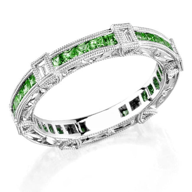 Art Nuevo: Exquisitely Hand Carved Masterpiece set with Custom Cut Princess Tsavorite and Baguette Cut Diamonds.