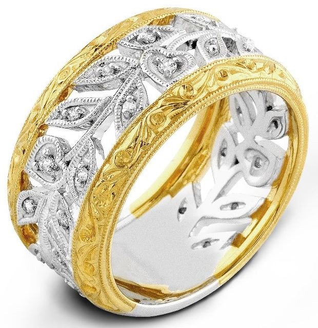 White Gold Diamond Ring With Yellow Engraved Accents