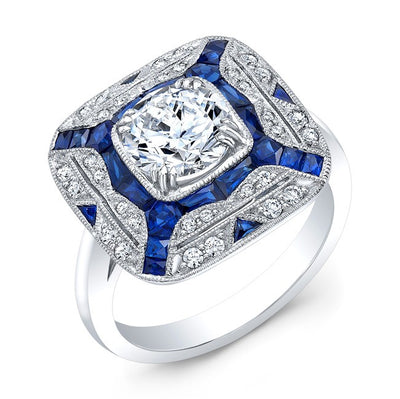 Custom Designed Art Deco Blue Sapphire and Diamond Ring