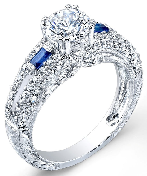 Engraved Diamond & Blue Sapphire Engagement Ring