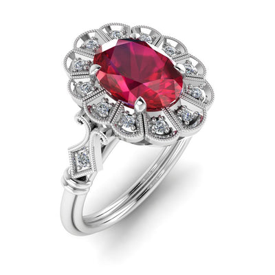 White gold petite oval vintage design with a sleek modern band and Ruby center.