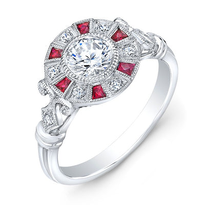 Diamond & French Cut Ruby Semi Mount, Set with Custom Cut Rubies and Round Brilliant Cut Diamonds