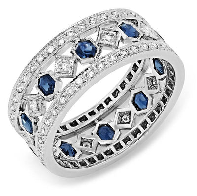 Diamond and Custom Cut Blue Sapphire Ring, Hand Engraved and Mill Grained