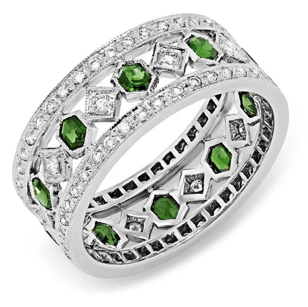 Diamond and Custom Cut Tsavorite Ring, Hand Engraved and Mill Grained
